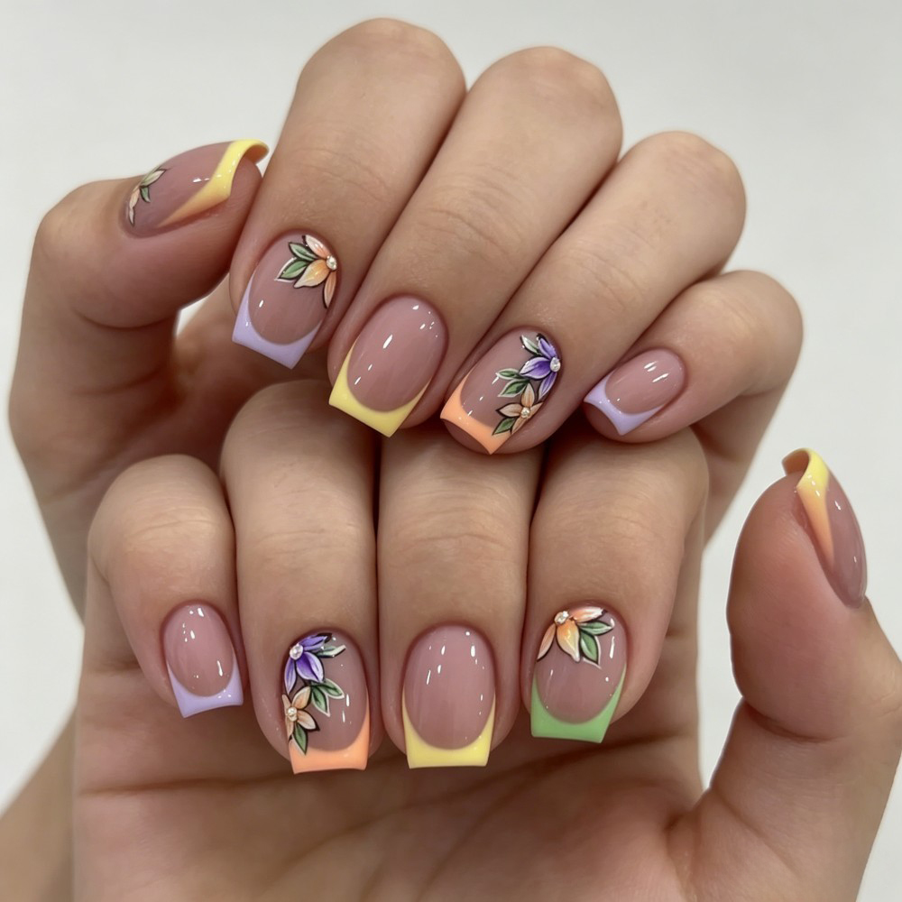 Pressed Flower Art - 24枚入り ピンクの花柄フレンチチップ 光沢＆エレガントなフルカバーフェイクネイル 女性＆女の子向け 春、デイリーウェア ショートアーモンド型プレスオンネイル