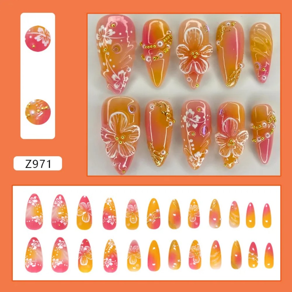Pressed Flower Art - 24枚入り ピンクグラデーションアーモンド型つけ爪 パールラインストーンデザイン付き フェイクネイル リボンフラワーパターン フルカバーネイルチップ