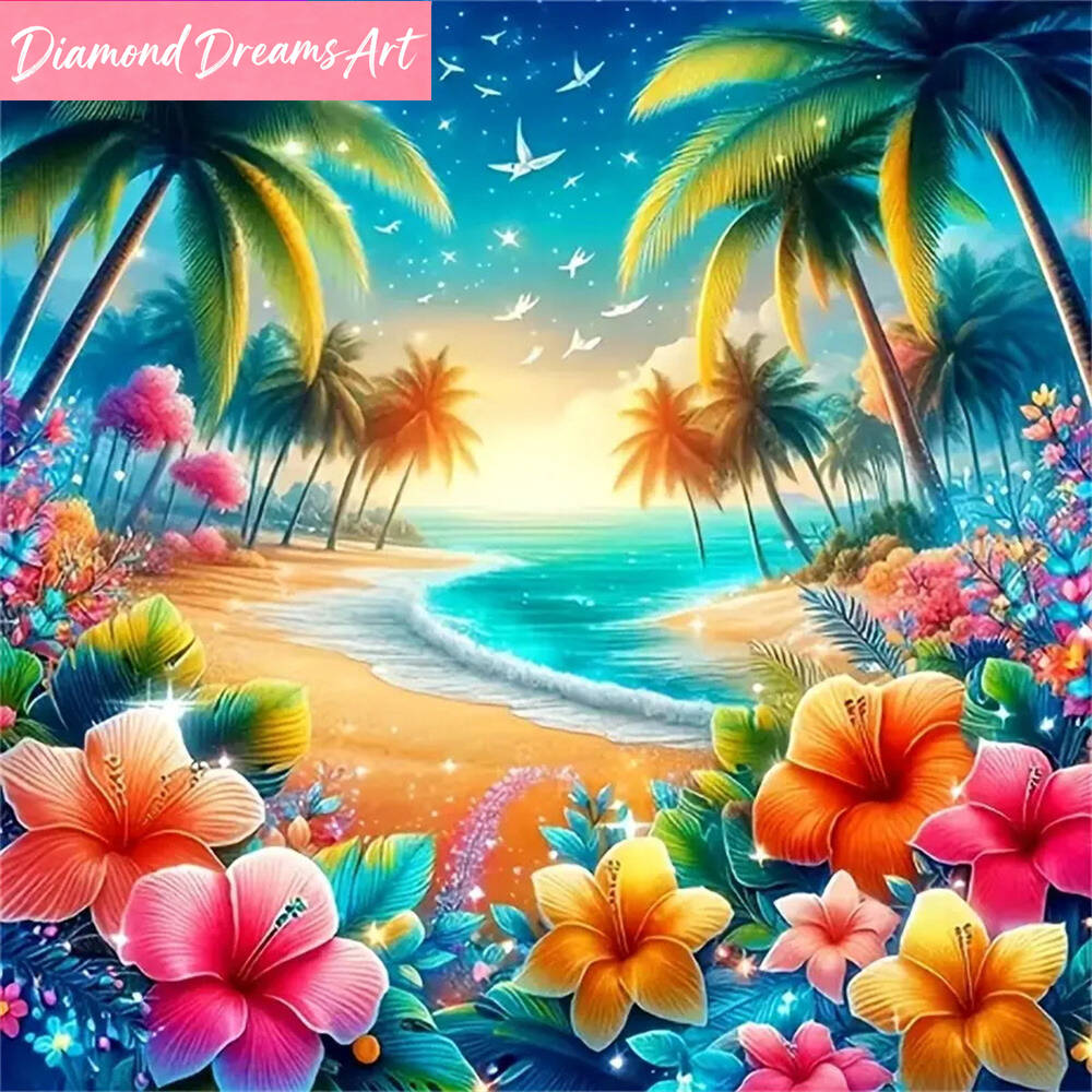 Photo Mosaic Print - ダイヤモンドペインティング海辺の風景DIYフルスクエアラウンドダイヤモンドモザイクユリの花の装飾、家庭用、フレームレス