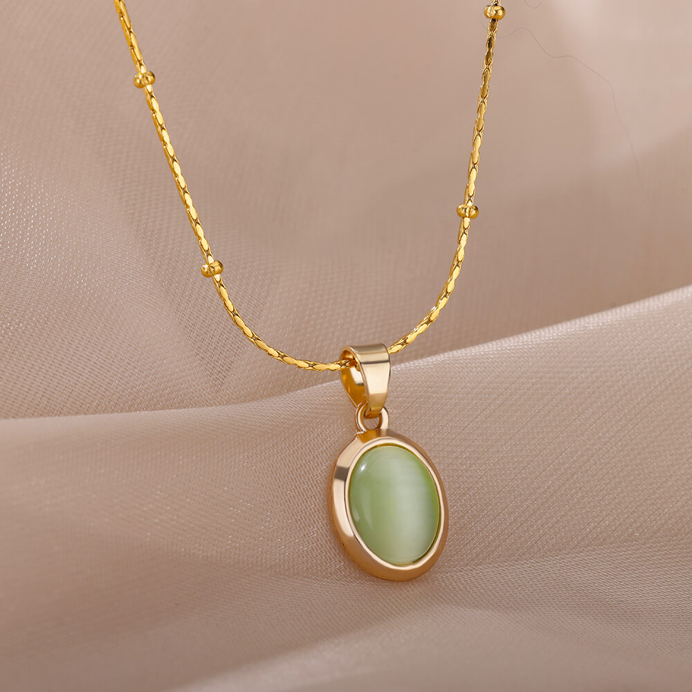 Birth Flower Necklace - ファッション石オパールオーバルネックレス女性のためのステンレス鋼ゴールドカラーオーバルストーンペンダントネックレス結婚式美的ジュエリーギフト