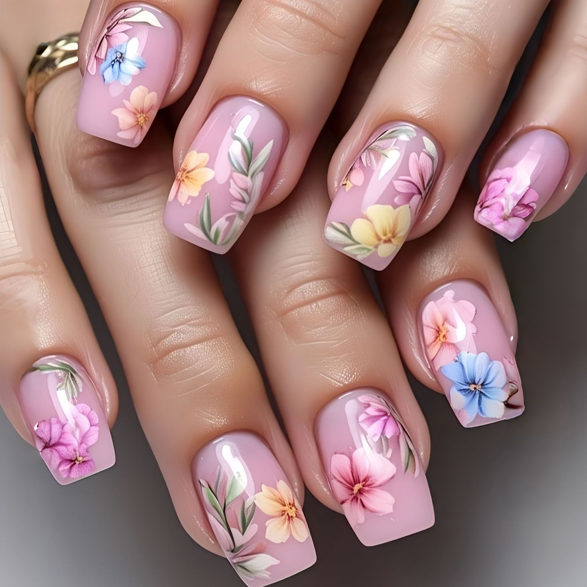 Pressed Flower Art - 女性・女の子向けミディアムサイズのフェイクネイル、ピンクの花と蝶のデザイン、春夏シーズン向け、スクエアネイルチップ、プレスオン式つけ爪