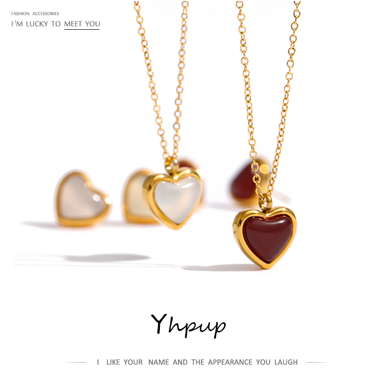 Birth Flower Necklace - Yhpup ステンレス鋼ハートペンダントネックレスチェーンジュエリー気質天然石瑪瑙首輪女性ネックレス брелок ギフト
