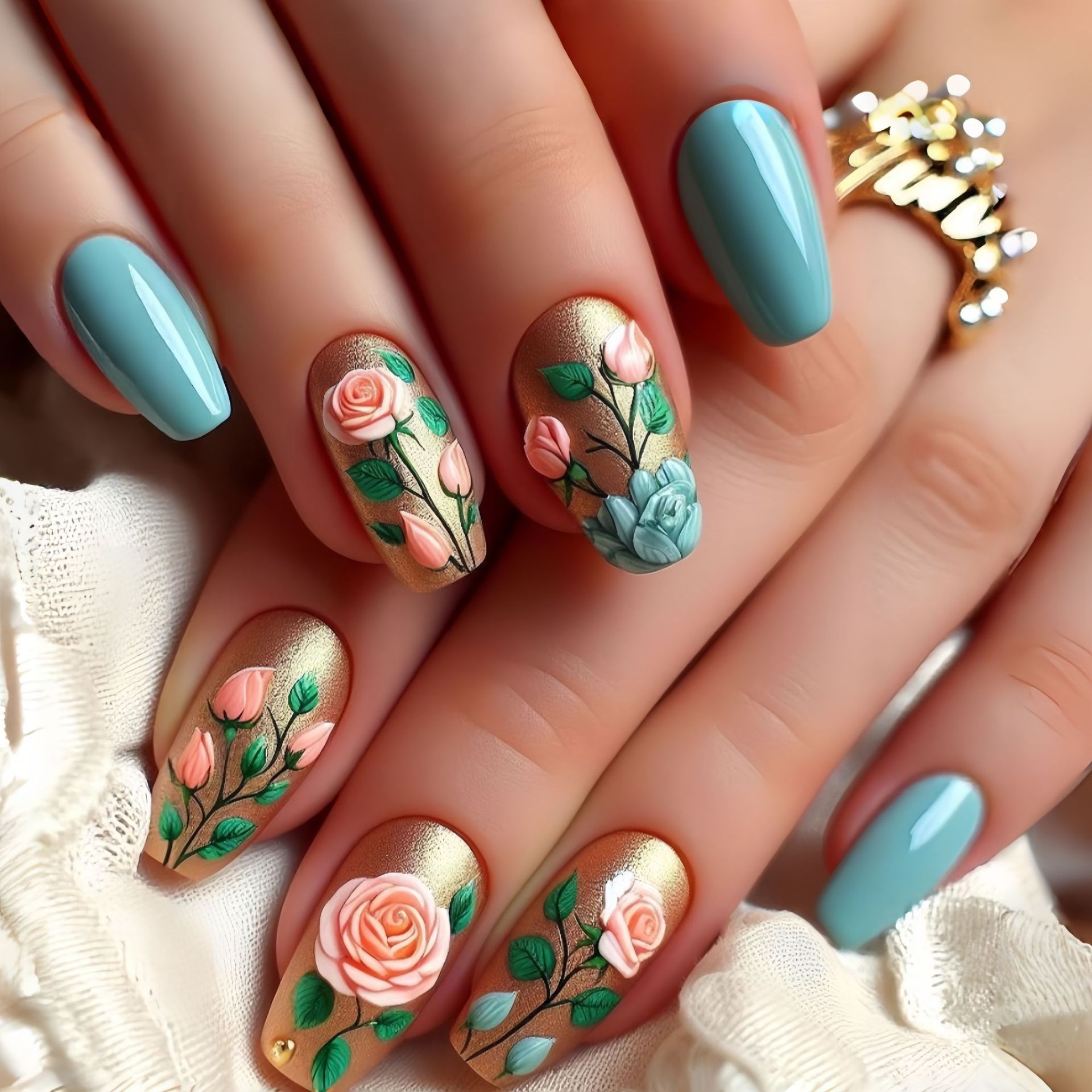 Pressed Flower Art - 女性用ミディアムフェイクネイル グラデーションブルーパープル 花 蝶 フラミンゴ スクエアアーモンドチップ