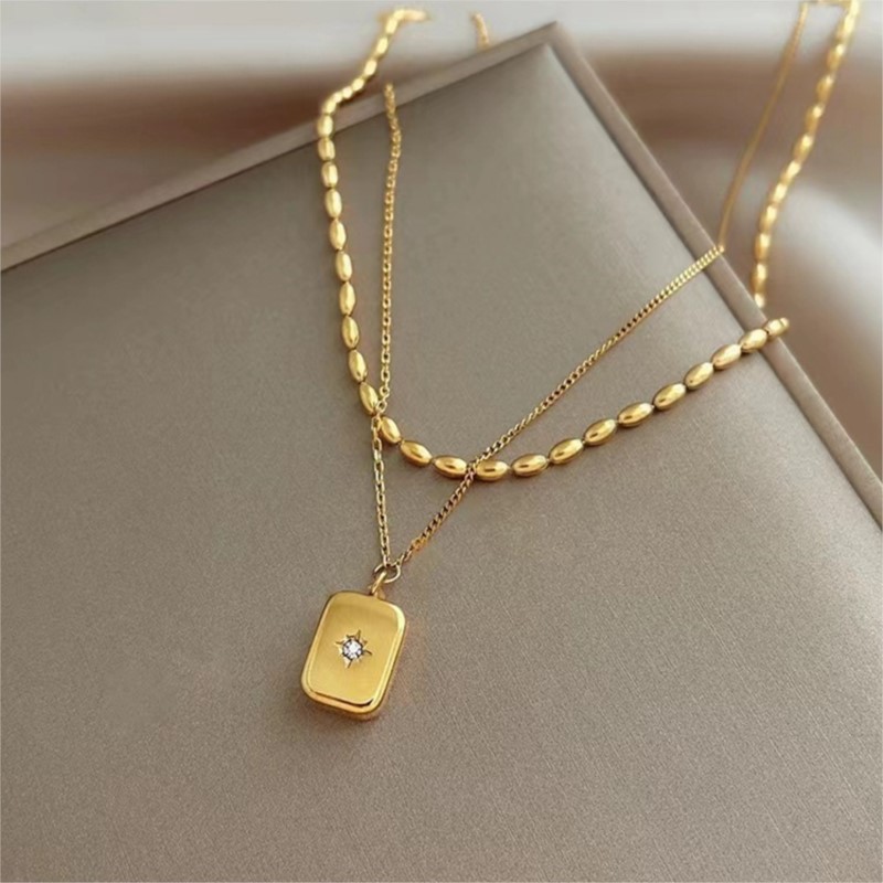 Birth Flower Necklace - ANENJERY 316L ステンレス鋼二層スクエアひげを生やしたスターペンダントネックレス女性のためのシンプルな気質ジュエリーアクセサリー