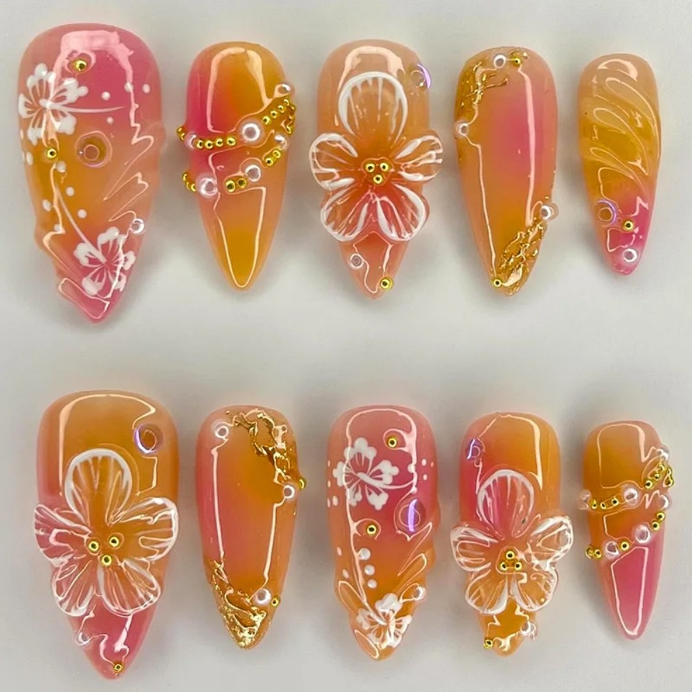 24枚入り ピンクグラデーションアーモンド型つけ爪 パールラ - Pressed Flower Art のレビューと価格